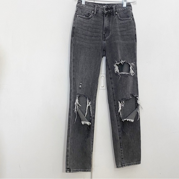 PacSun Denim - PACSUN heavily distressed mom jeans straight leg medium wash black 22 (not plus)